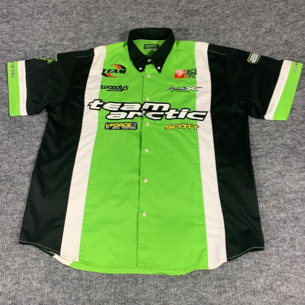 Arctic Cat Shirt Mens L Green Short Sleeve Button Up Heavy Mechanic Embroidered